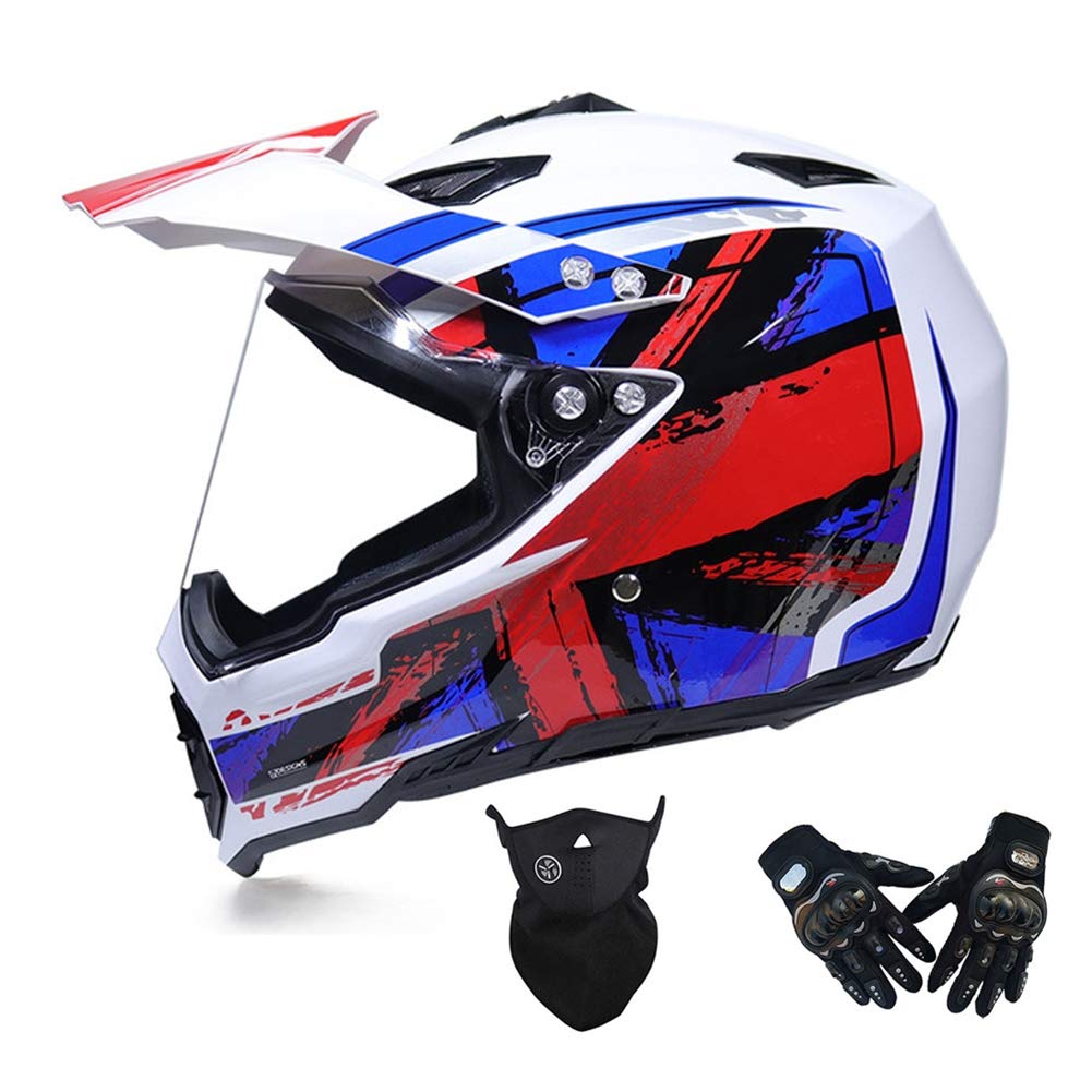 Motocross Helm Set, MRDEAR Fullface Offroad Helm mit Handschuhe Maske, Motorrad Crosshelm mit Visier, Motorradhelm Schutzhelm Sicherheit Schutz Kit für MTB Enduro BMX Downhill,Weiß,M von MRDEAR