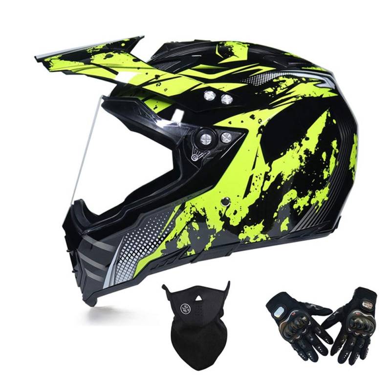 Motocross Helm mit Visier, Crosshelm Set mit Handschuhe Maske, Motorrad Fullface Offroad Helm Motorradhelm Schutzhelm Sicherheit Schutz Kit für MTB Enduro BMX Downhill, 3 Farben,Gelb,M von MRDEAR