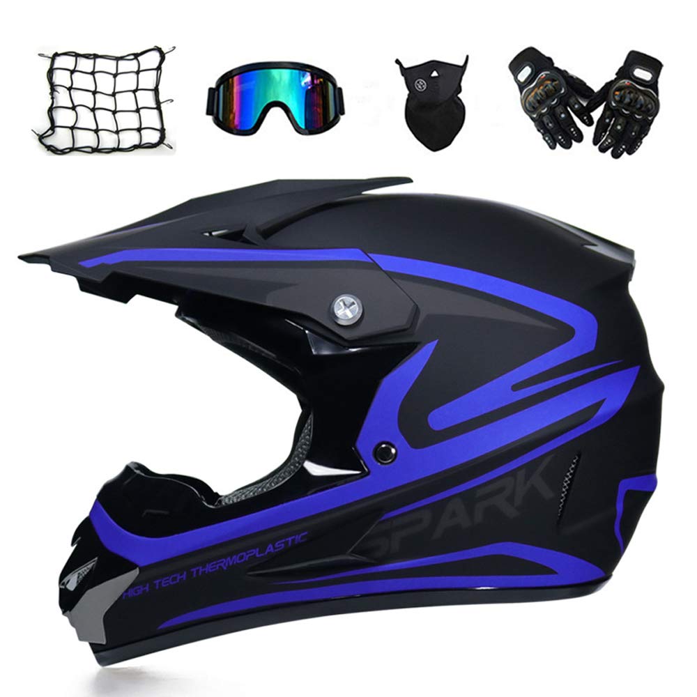 Motorradhelm, Erwachsener Motocross Helm Motorrad Crosshelm Herren Fullface MTB Helm Mopedhelm mit Visier Brille Handschuhe Motorrad Netz, Schwarz und Blau,S von MRDEAR