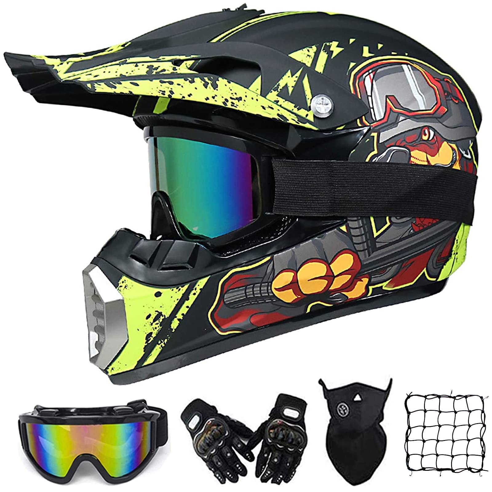 VOMI Motorrad Crosshelm Set, Schwarz und Gelb, Motocross Helm Kinder Downhill Fullface-Helm Off Road MTB Cross Helm Mopedhelm mit Brille/ Handschuhe/ Maske/ Motorrad Netz (L) von MRDEAR