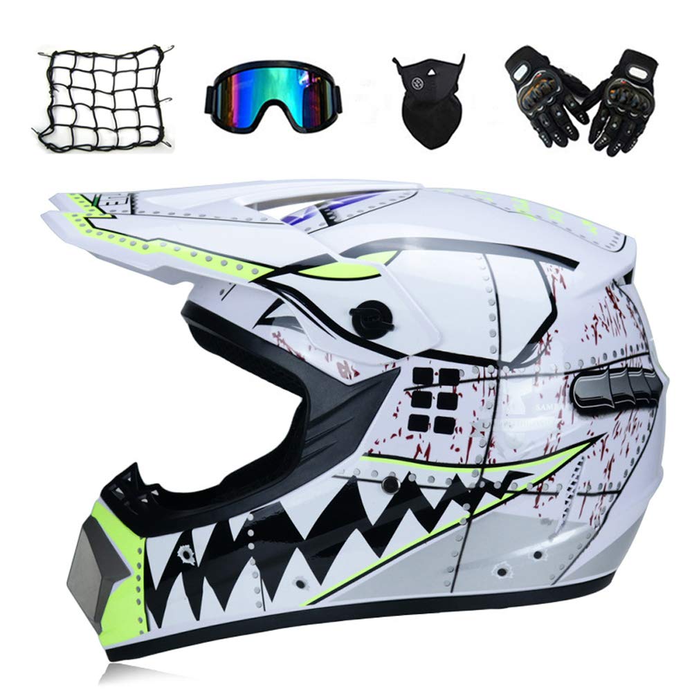 Weißer Hai - Motocross Helm mit Brille Handschuhe Maske Motorrad Netz, Motorrad Crosshelm Kinder Off Road Helm Motorradhelm Schutzhelm Kit für ATV Downhill MTB Sicherheit Schutz,L von MRDEAR