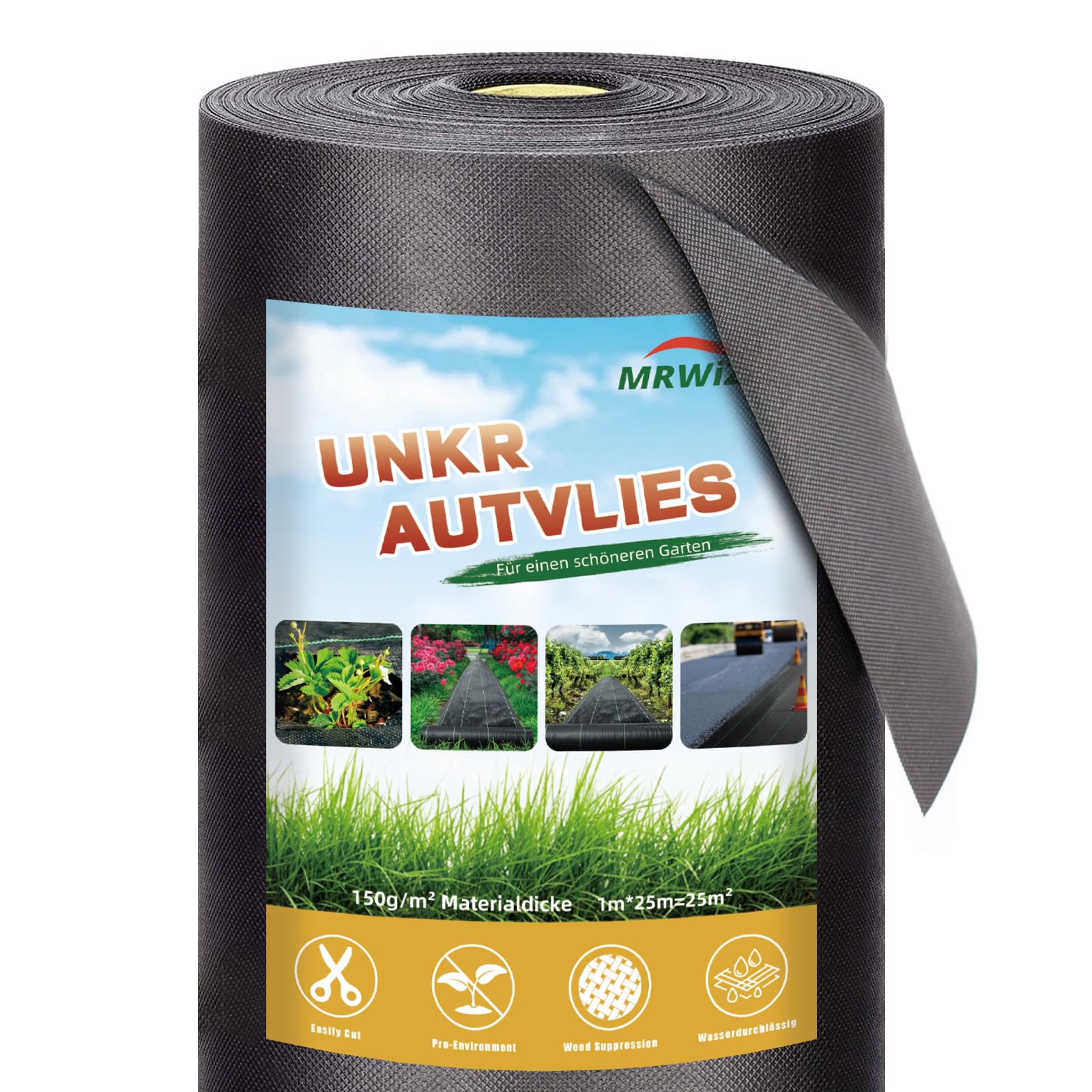 MRWiZMS Unkrautvlies Gartenvlies 150g/m², Unkrautschutzfolie für Garten,Anti Unkrautfolie & Gartenvlies wasserdurchlässig, UV stabil & reißfest (25m² (1m x 25m)) von MRWiZMS