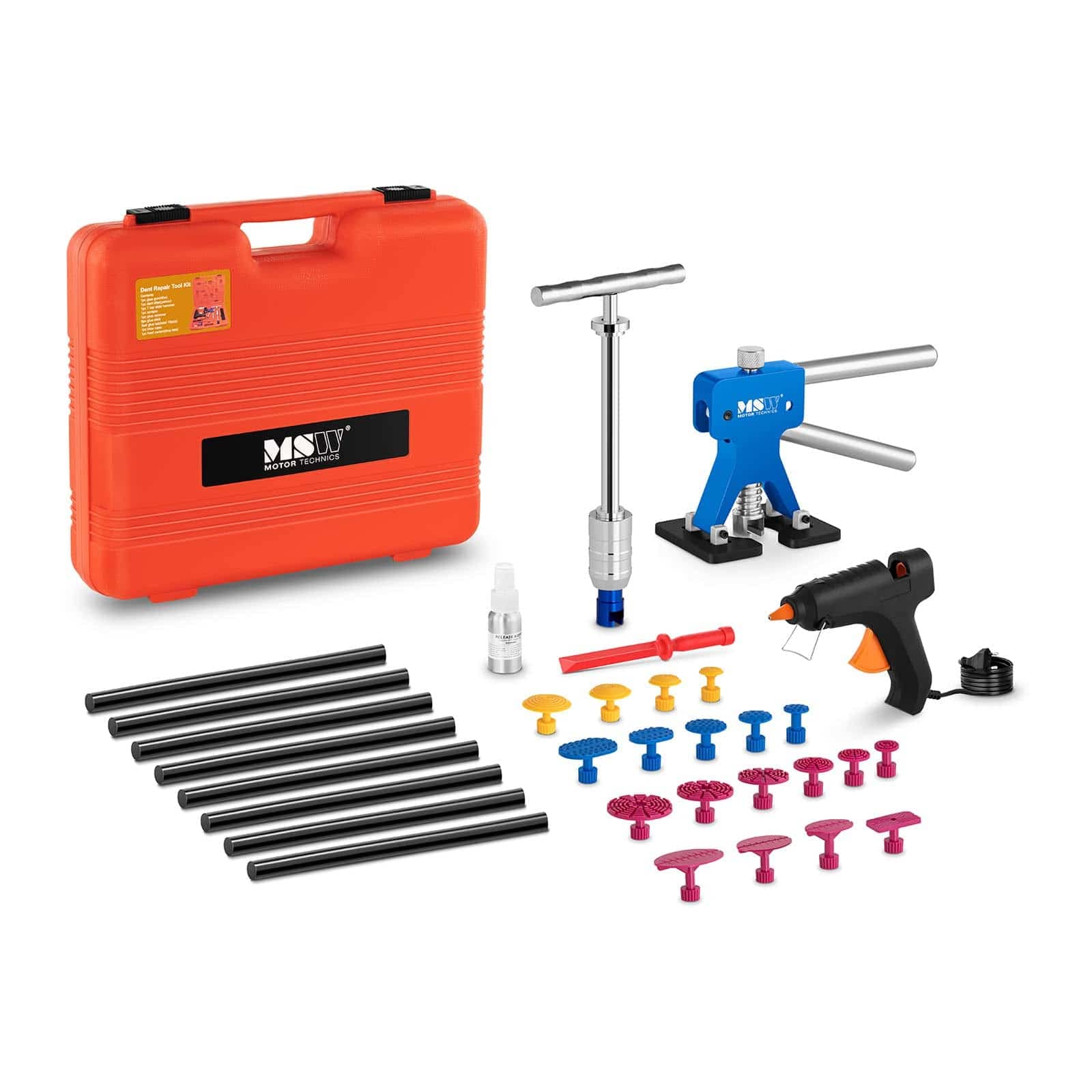 MSW Dellenreparatur Set MSW-DENTPULLER.SET2 Ausbeulwerkzeug 33-teilig Dellenlifter Set mit Zubehör Heiß-Klebepistole Zugadapter Gleithammer von MSW Motor Technics