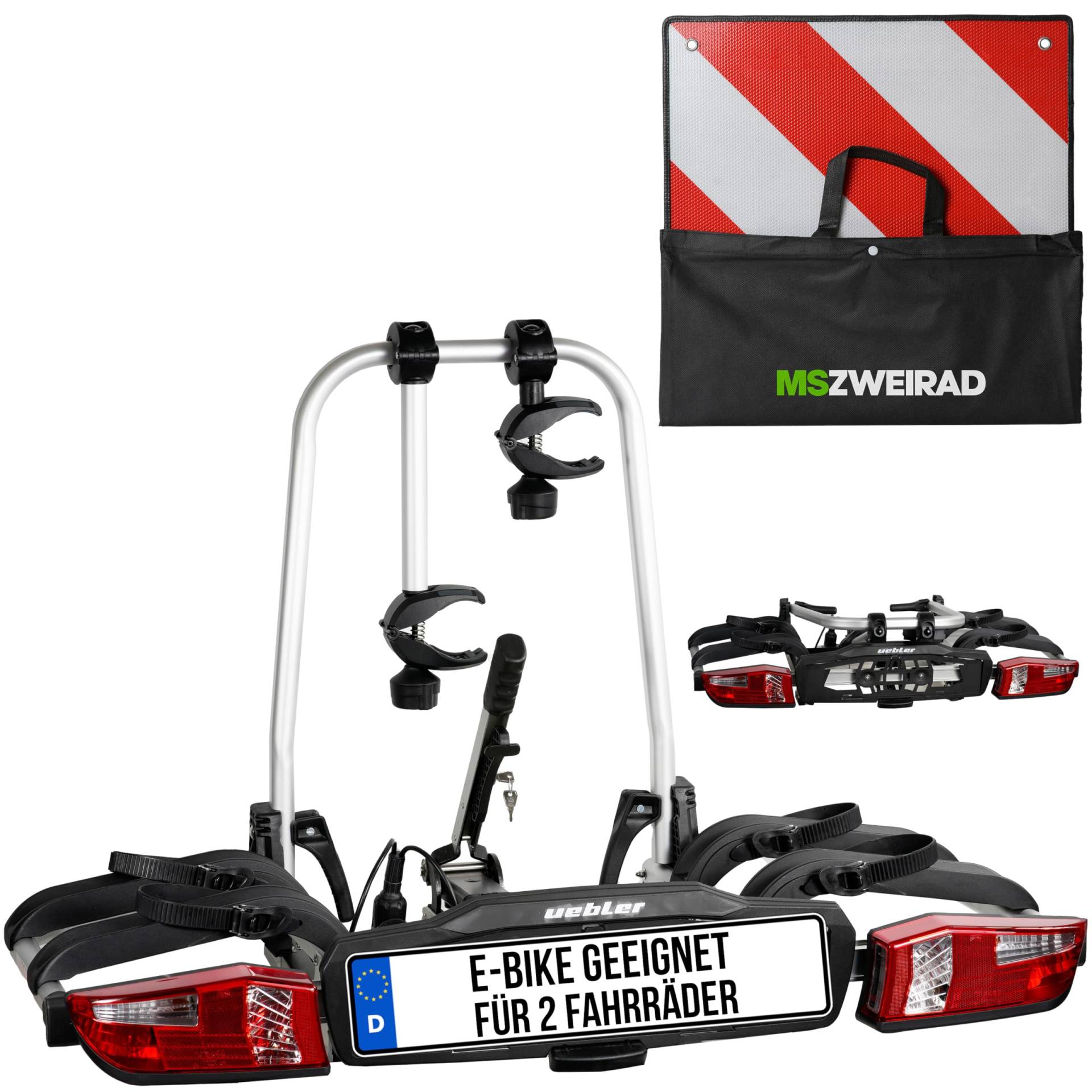 Uebler Fahrradträger P22 S für 2 Fahrräder Auto Kupplungsträger E-Bike MTB inklusive reflektierende Warntafel 50x50cm mit Transporttasche von MSZweirad
