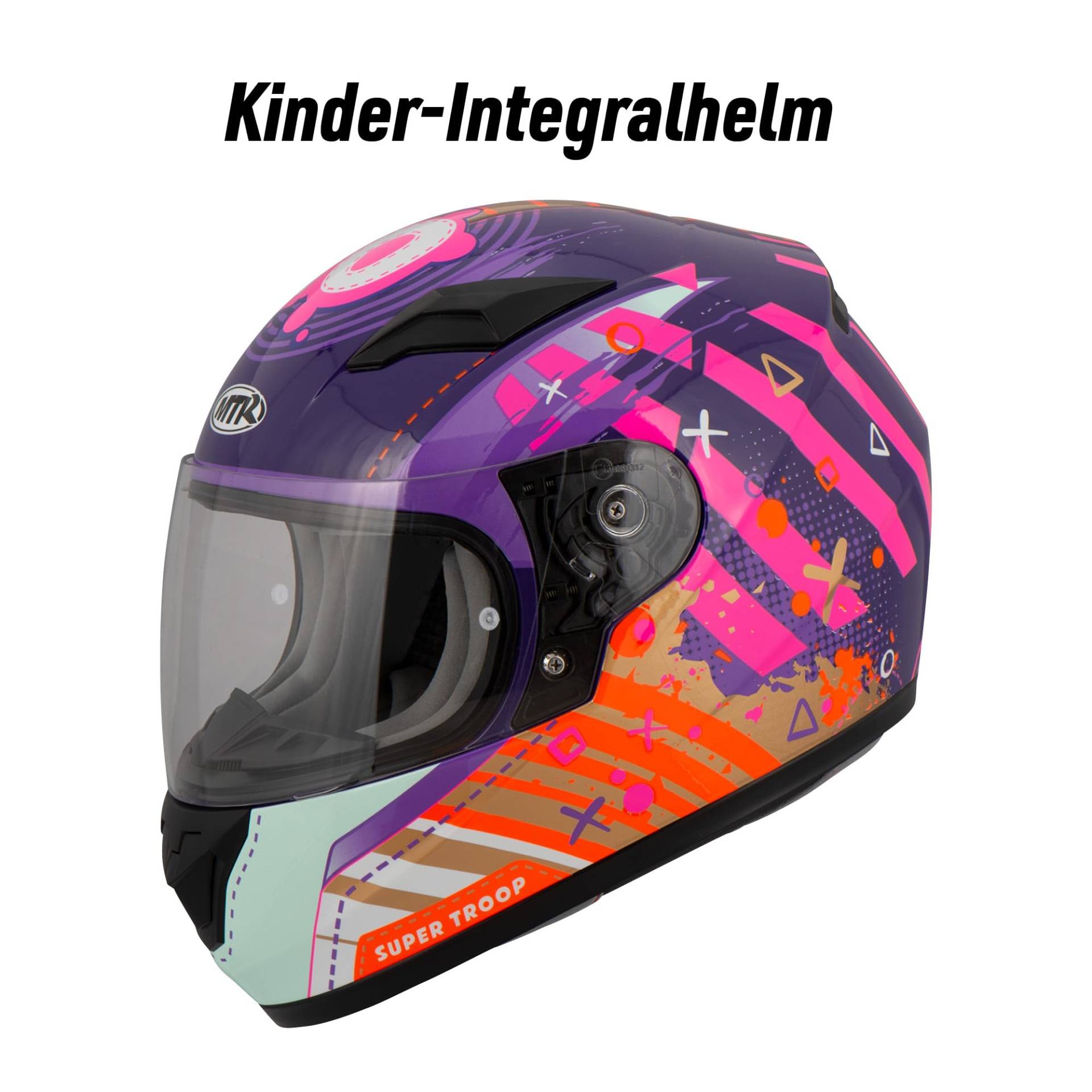 MTR S-12 Kids Evo Motorradhelm Kinder, Kinderhelm Motorrad ECE 22.06 Zertifiziert - Maximale Verkehrssicherheit, Robuster & Leiser Kinder Motorradhelm, Ratschenverschluss, Klares Visier, Lila/Pink, YM von MTR