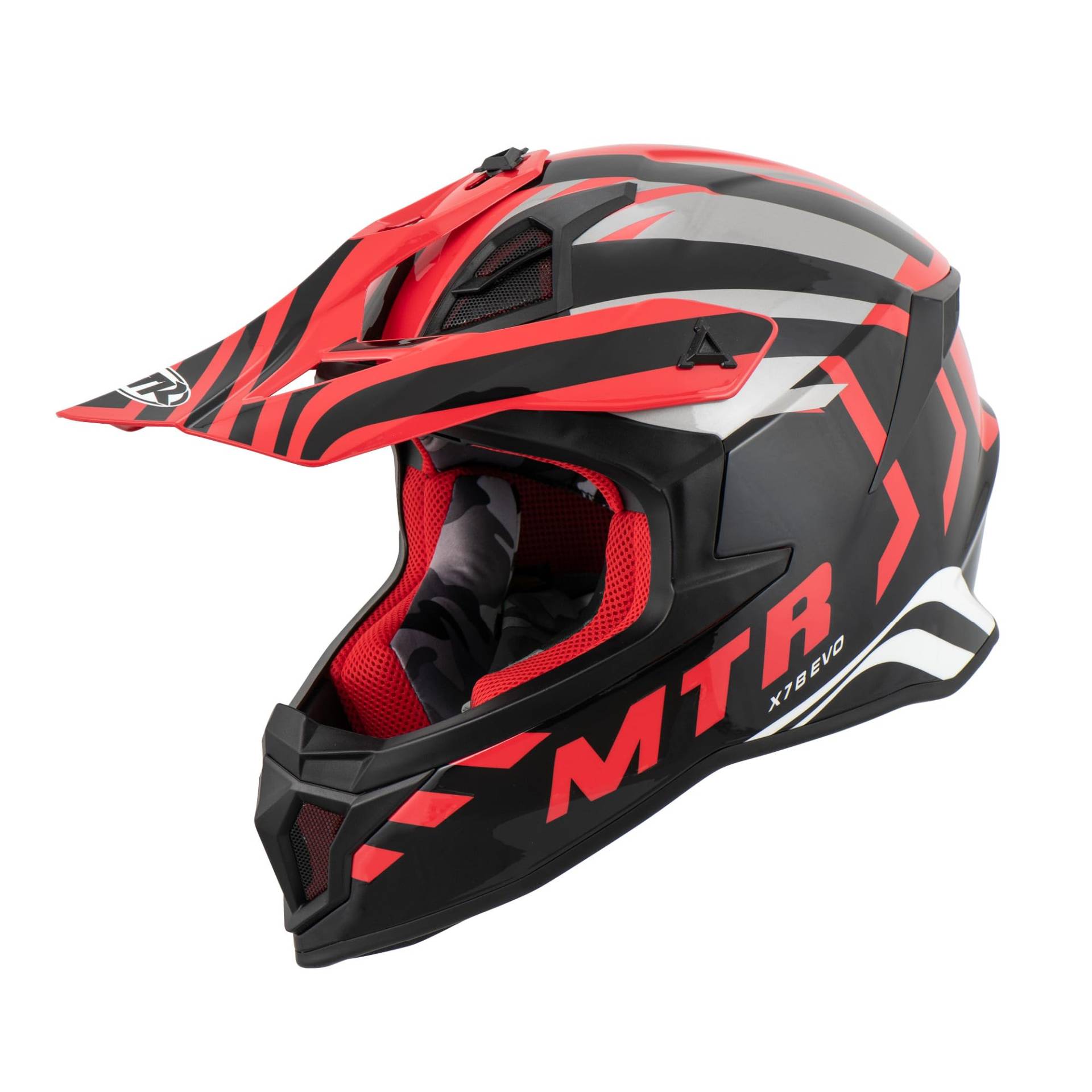 MTR X7B Evo Motocross Helm, ECE 22.06 Geprüfter Motorradhelm, Crosshelm ohne Visier, Cross Helm Motorrad mit Belüftung & Entlüftung, Downhill Helm Geeignet als Fullface Helm MTB, Schwarz/Silber/Rot L von MTR