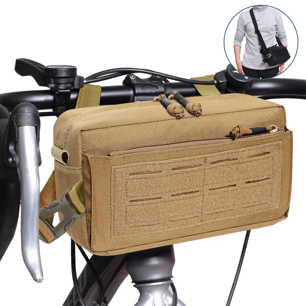 MUCHER Fahrrad Lenkertasche Vordertasche Fahrradtasche Aufbewahrungstasche mit Schultergurt Molle Taktische Pouch für Rennrad Mountainbike Radfahren Reisen (Khaki) von MUCHER