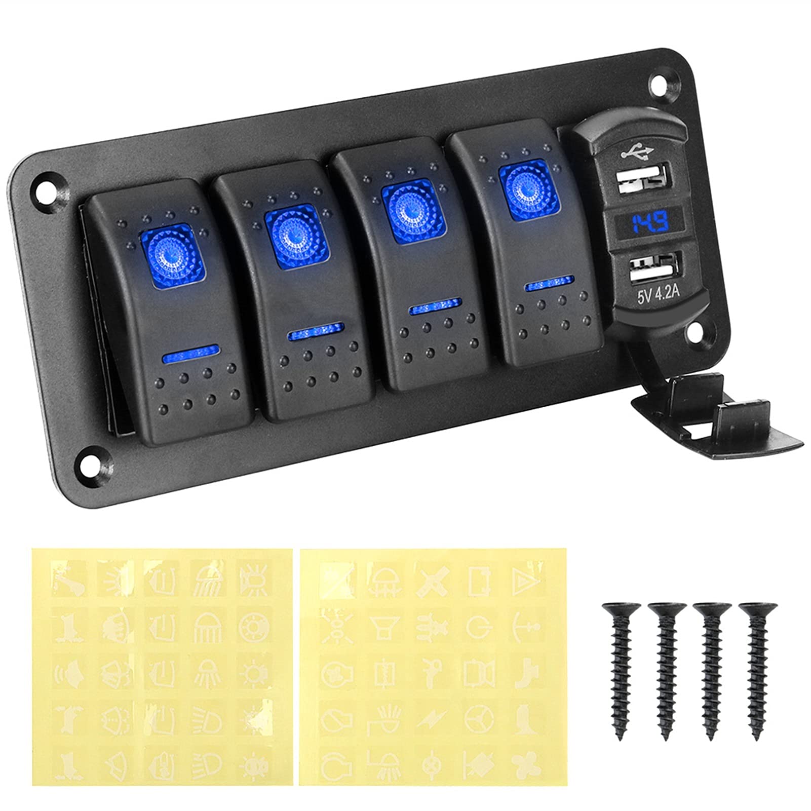 MUEOSI 12 V 24 V Dual USB Port 4 Gang Kippschalter, for Auto Marine Schiff Licht Schalter Panel Aufkleber Digital Voltmeter elektrische Schalttafel(Blue) von MUEOSI