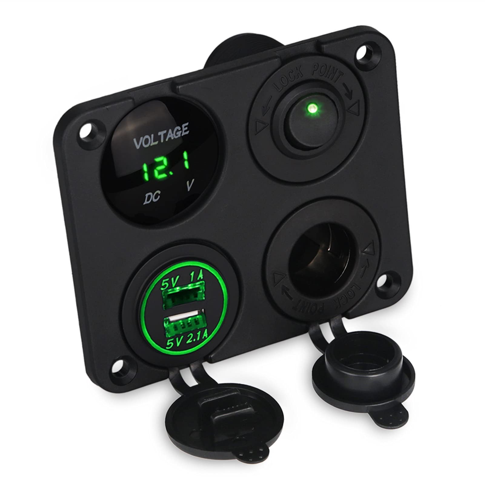 MUEOSI 3,1 A 5 V Dual USB Autoladegerät Voltmeter Schalter Panel 4 Gang Boot Marine Feuerzeug Schalter Panel, for 12 V 24 V 3 Farben elektrische Schalttafel(Green) von MUEOSI