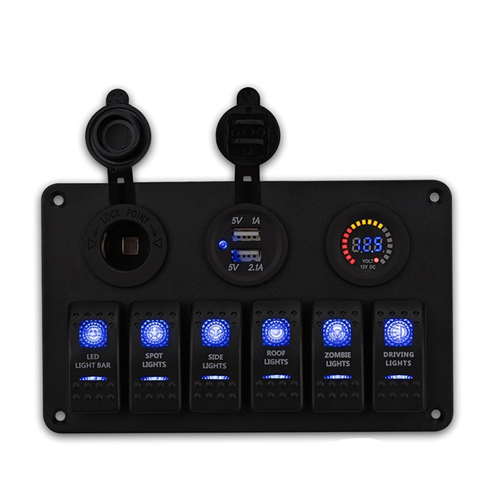 MUEOSI Herorider 6-Gang-Wippschalterfeld, Leistungsschalter, Ladegerät, 2 USB-Buchsen, Zigarettenanzünder-Stecker, Voltmeter, for Autoschalter 12 V elektrische Schalttafel von MUEOSI