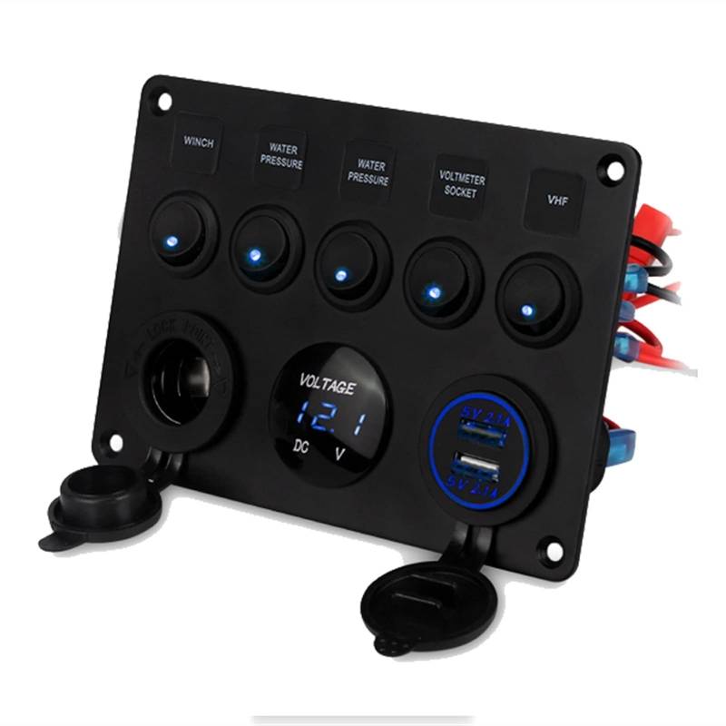 MUEOSI for 12V Auto Marine Schalter Panel Boot 5 Gang Auf-Off Kippschalter Panel USB Buchse Ladegerät Voltmeter 12v Steckdose RV LKW elektrische Schalttafel(Blue) von MUEOSI