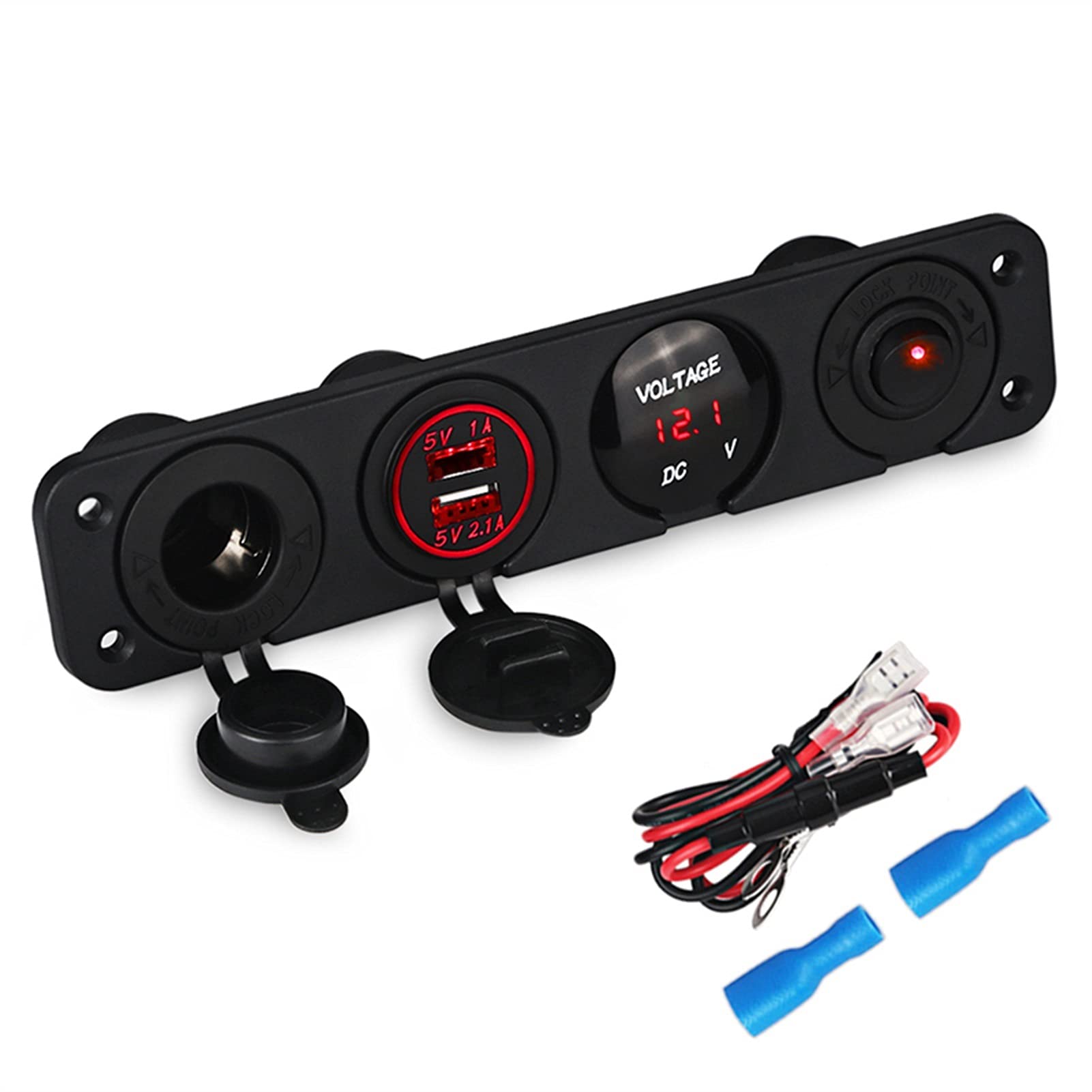 MUEOSI for 4 Loch Panel Schalter Yacht Dual USB Auto Ladegerät Voltmeter Meter Feuerzeug Buchse Boot Schalter Panels 12v elektrische Schalttafel(Red) von MUEOSI