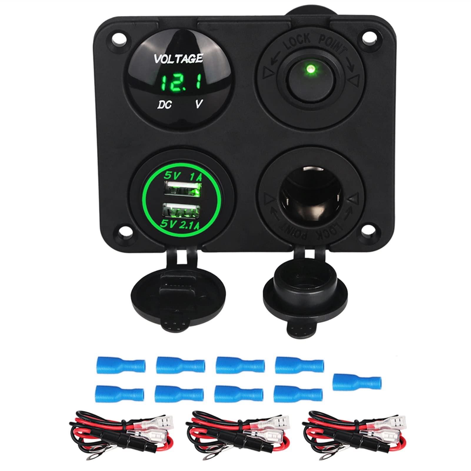 MUEOSI for Auto Feuerzeug Buchse Splitter Marine Auto RV LKW 4 Loch Panel Dual USB Ladegerät Voltmeter 12V Buchse Schalter Panel elektrische Schalttafel(Green) von MUEOSI