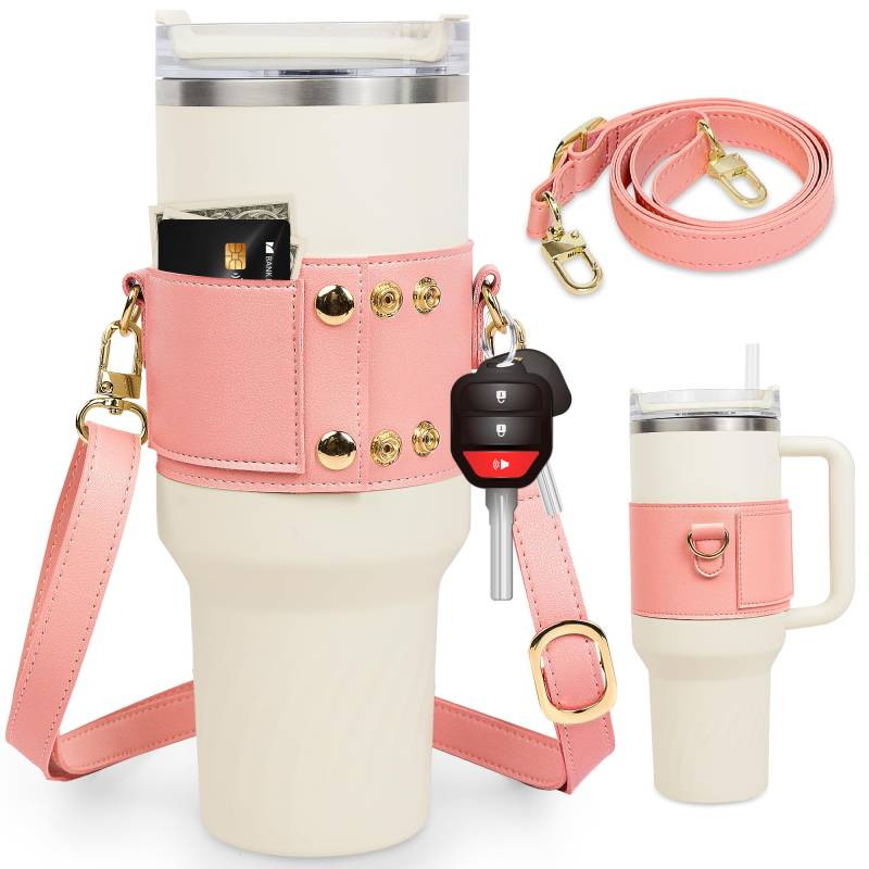 Wasserflaschenhalter mit Gurt, kompatibel für Stanley 1,2 l & 850 ml Becher mit Griff, Wasserflaschenträger mit verstellbarem Riemen, Kartenhalter, Schlüsselanhänger für Stanley Cup Zubehör (Rosa) von MUKOSEL