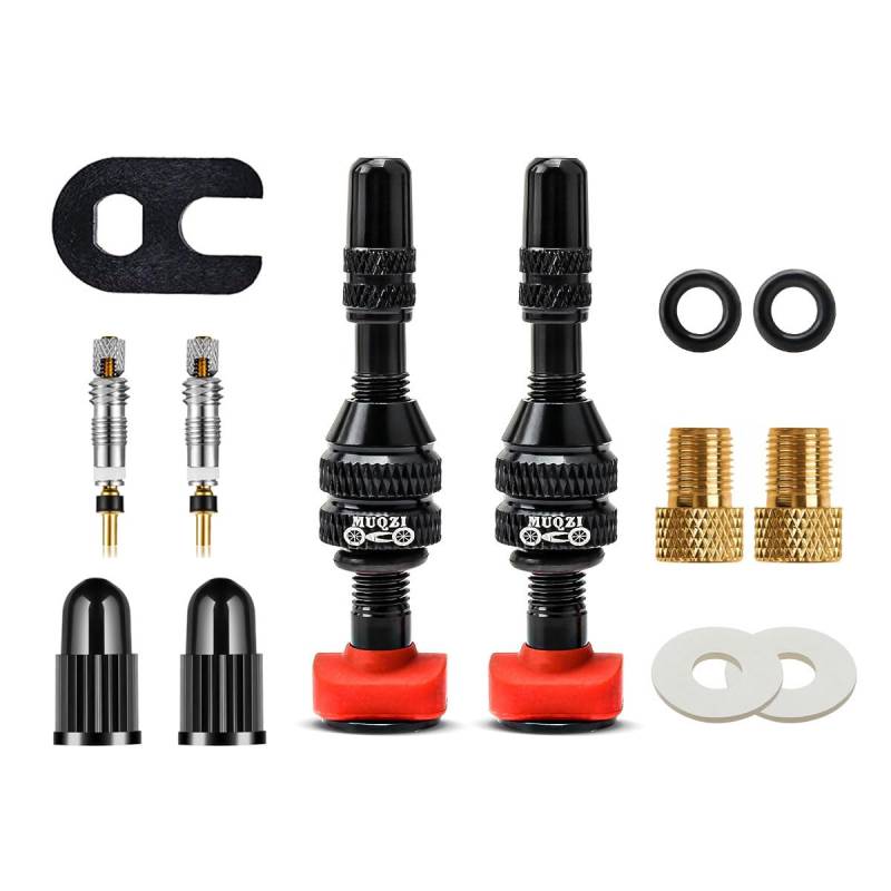 MUQZI 2 Stück Tubeless Ventil Kits, Fahrradventil Französisch mit Fahrrad Ventile und Fahrradventil Adapter Ventilschaftkappen, Black(40 mm) von MUQZI