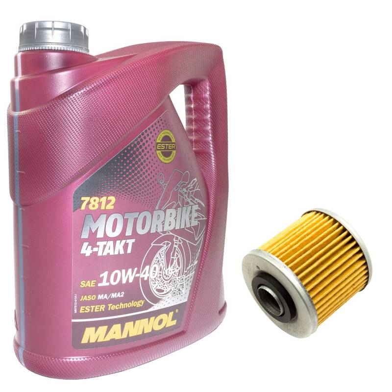 Motoröl Set 10W40 4 Liter + Ölfilter MF145 für Derbi MZ/MUZ Sachs Yamaha 659 660 Baghira 660 Mastiff Roadster BT MT-03 SR SZR TDM TRX TT XC XT XV XVS von MVH Bockauf