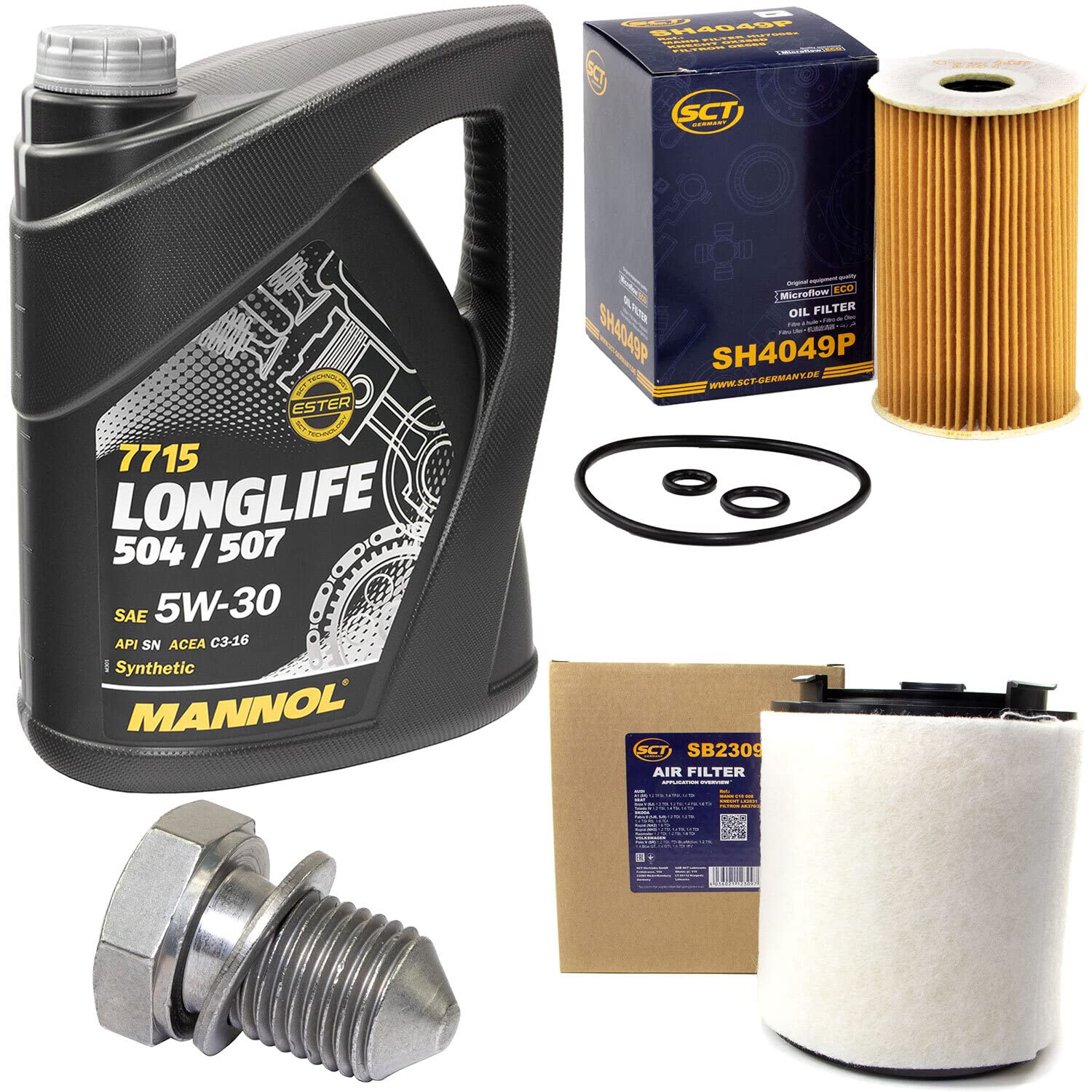 Motoröl Set Longlife 5W-30 API SN 5 Liter + Ölfilter SH4049P + Ölablassschraube 48871 + Luftfilter SB2309 von MVH Bockauf