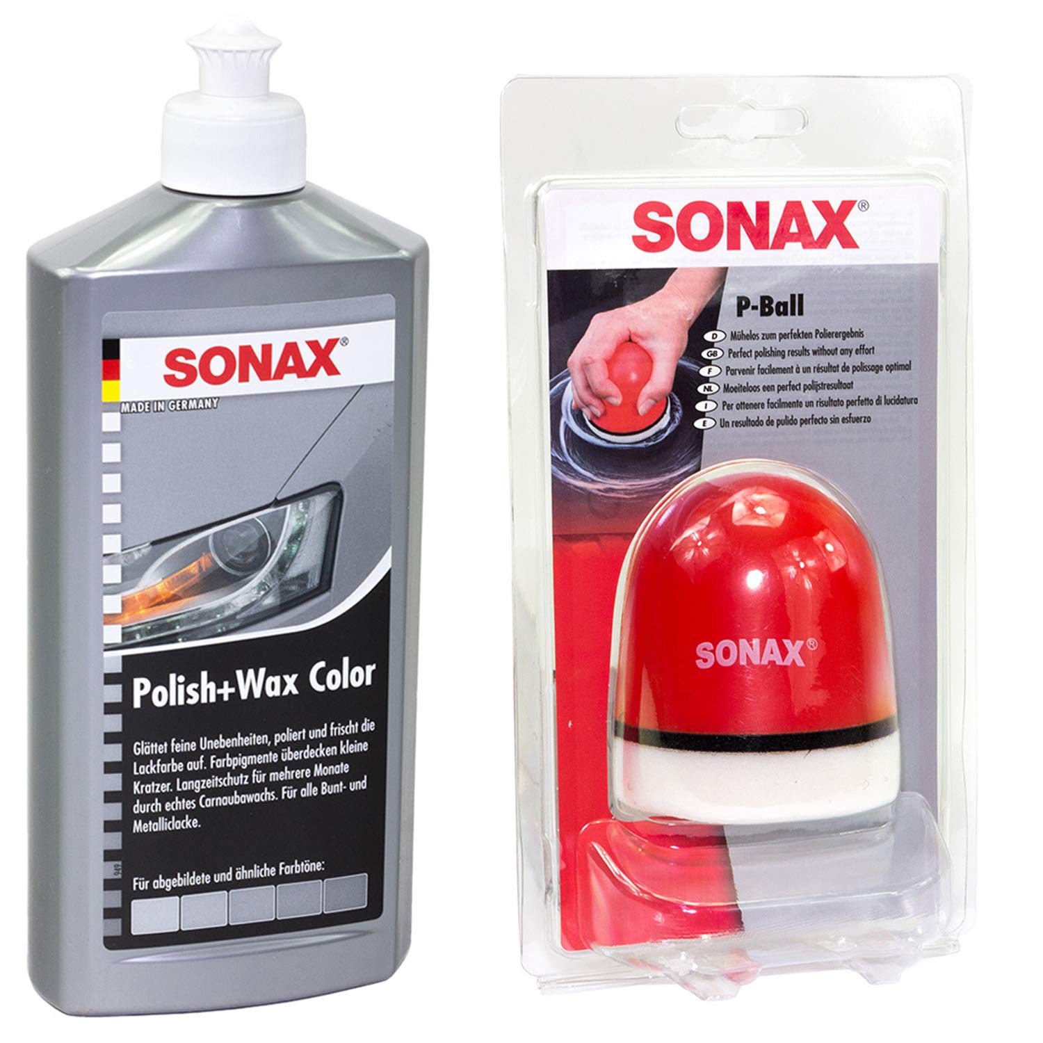 Politur Set Polish und Wax Wachs polieren Lack Color silber/grau SONAX 500 ml + P-Ball Schwamm von MVH Bockauf