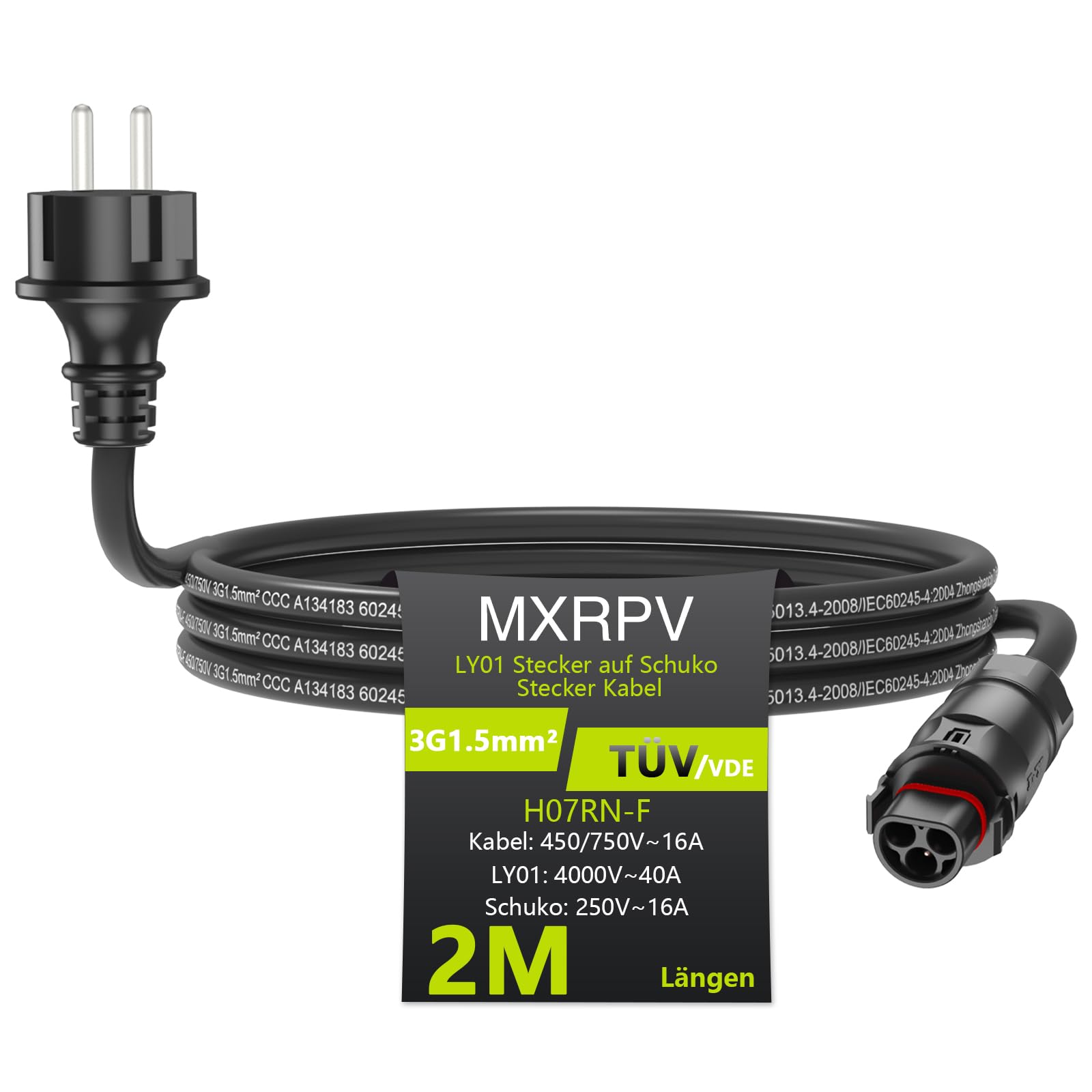 MXRPV LY01 Kabel 2/3/5/10M,LY01 zu Schuko Adapter Kabel,LY-01 Buchse auf Schuko Stecker AC Anschlusskabel,Solar PV Steckdose für die Deye Mikrowechselrichter Serie (2 meter) von MXRPV