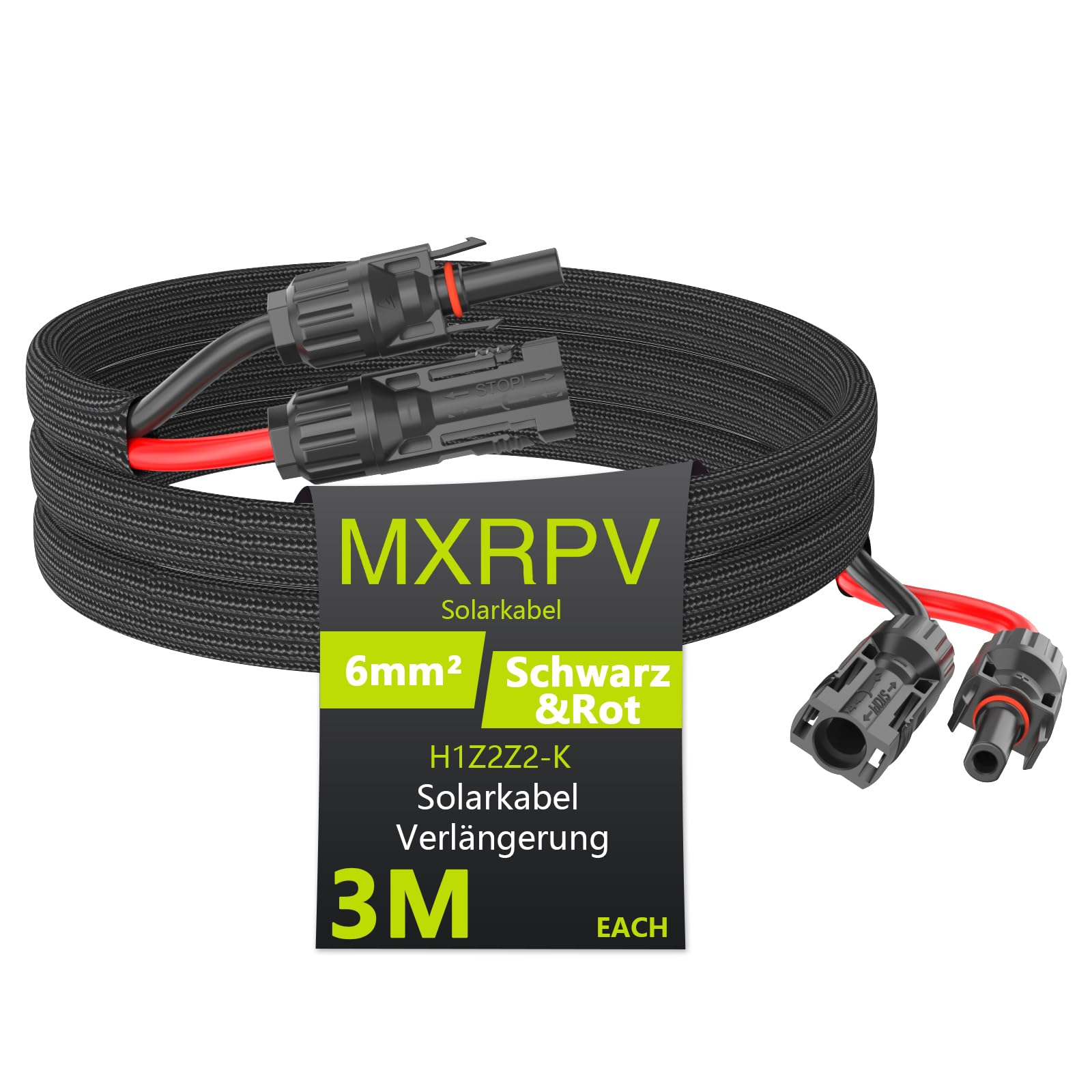 MXRPV Solarkabel 6mm²,Solarkabel Verlängerung 3/5/10 m,PV Kabel 6mm²,IP68 Wasserdichtem,Photovoltaik Solarkabel mit Mantel,Verlängerungskabel für Solarpanel(3 Meter) von MXRPV