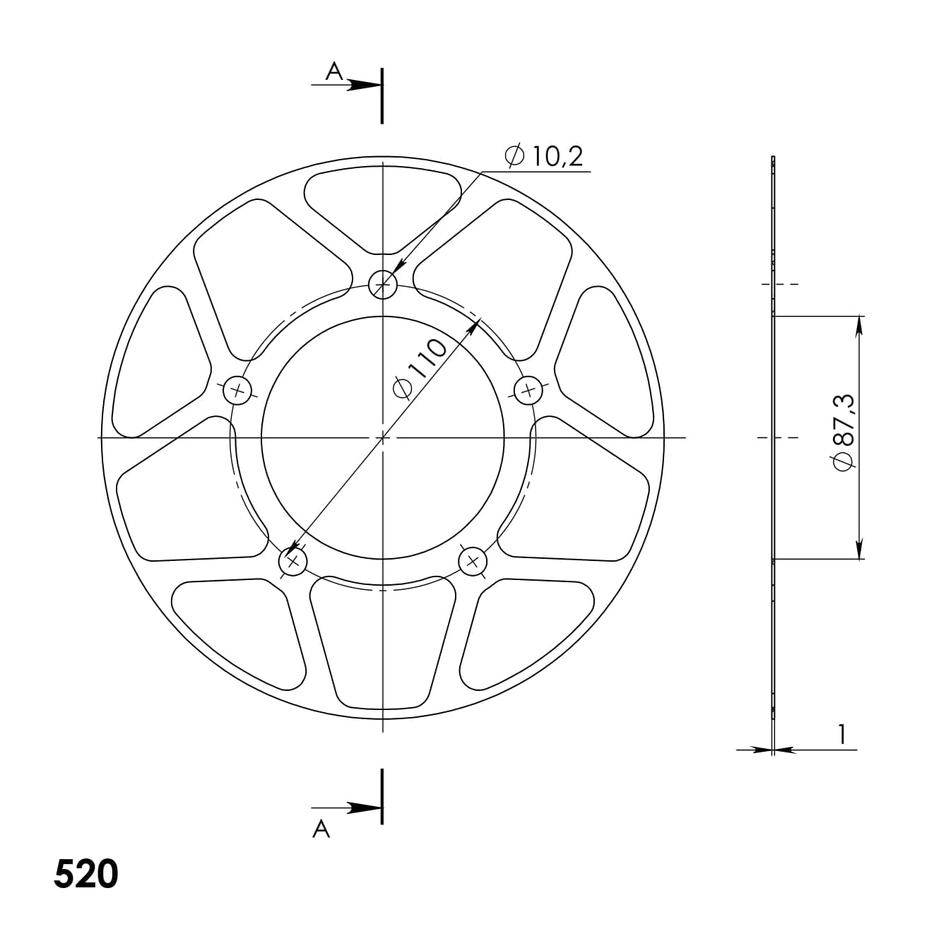 Edge-Disc Supersprox 520 LK 110,0mm Ø 87mm 46Z 5-Loch blau für Edge Kettenrad von MXT