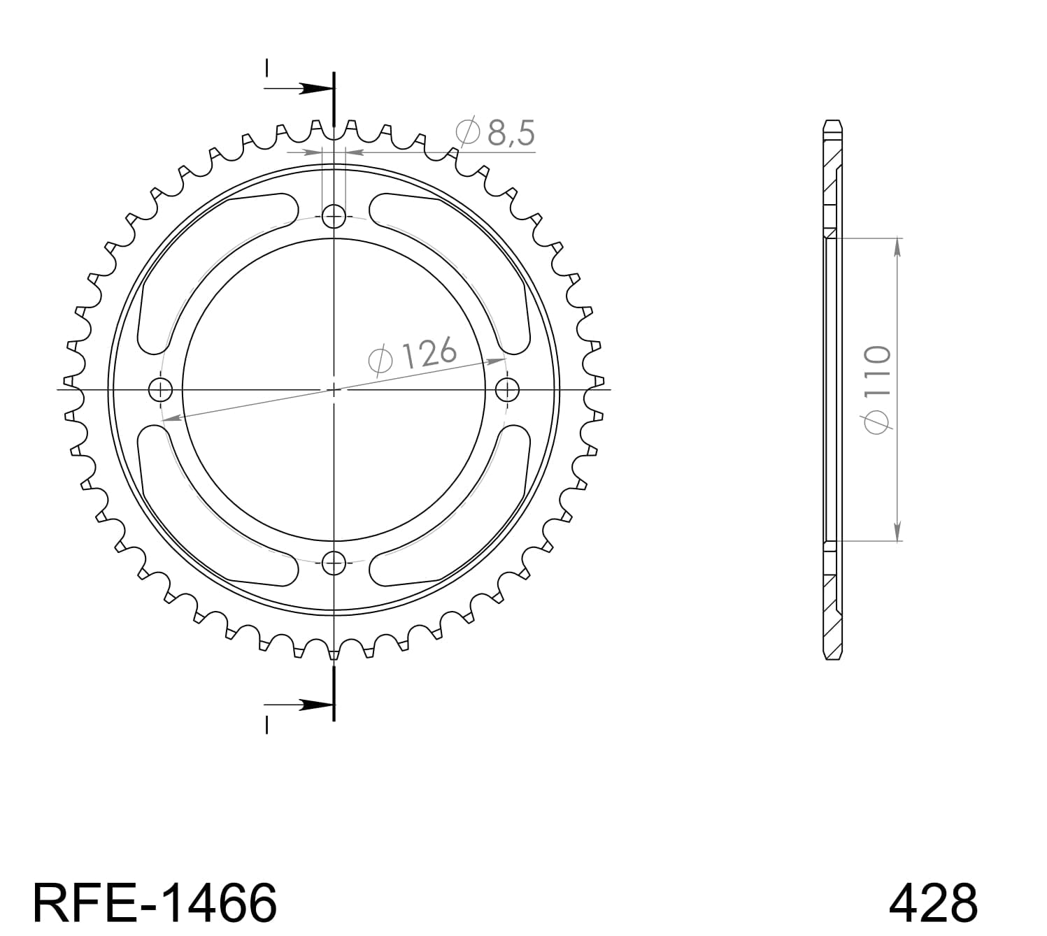 Kettenrad Supersprox 428 LK 126,0mm Ø 110mm 47Z 4-Loch Stahl schwarz von MXT