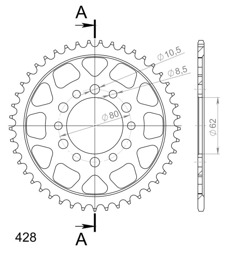 Kettenrad Supersprox 428 LK 80,0mm Ø 62mm 45Z 6-Loch Stahl schwarz von MXT