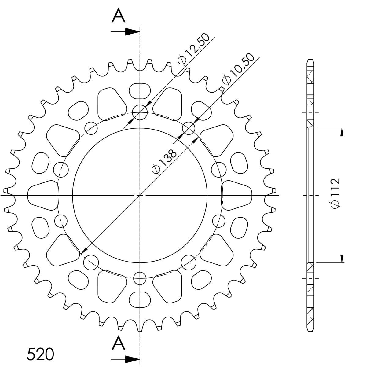 Kettenrad Supersprox 520 LK 138,0mm Ø 112mm 43Z 5-Loch Aluminium schwarz von MXT