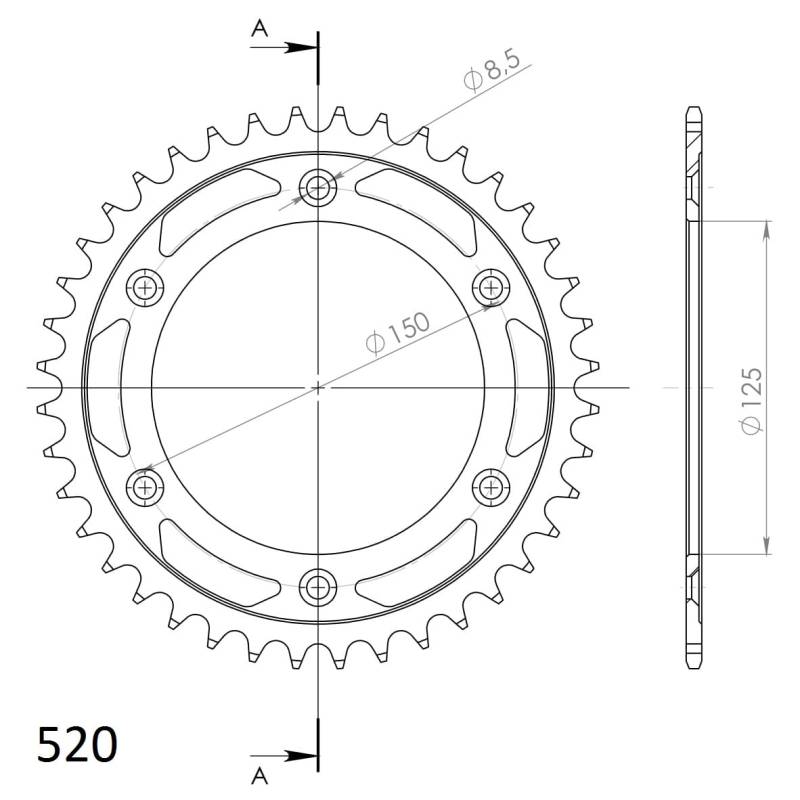 Kettenrad Supersprox 520 LK 150,0mm Ø 125mm 41Z 6-Loch Stahl schwarz von MXT