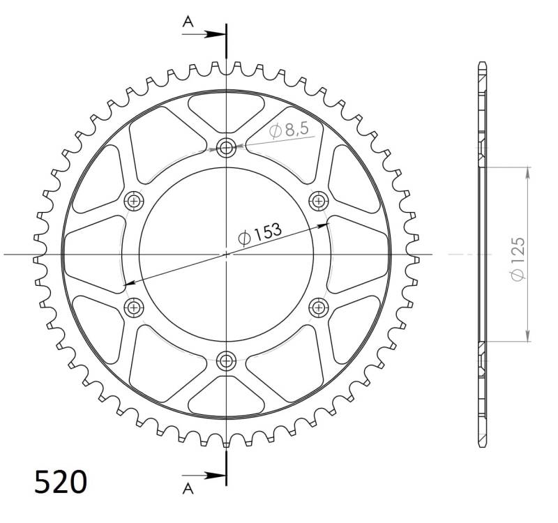 Kettenrad Supersprox 520 LK 153,0mm Ø 125mm 53Z 6-Loch Stahl schwarz von MXT