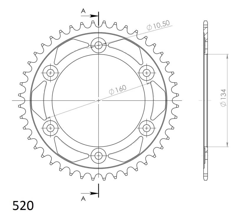 Kettenrad Supersprox 520 LK 160,0mm Ø 134mm 44Z 6-Loch Stahl schwarz von MXT