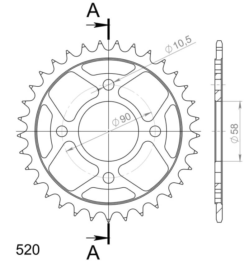 Kettenrad Supersprox 520 LK 90,0mm Ø 58mm 33Z 4-Loch Stahl schwarz von MXT