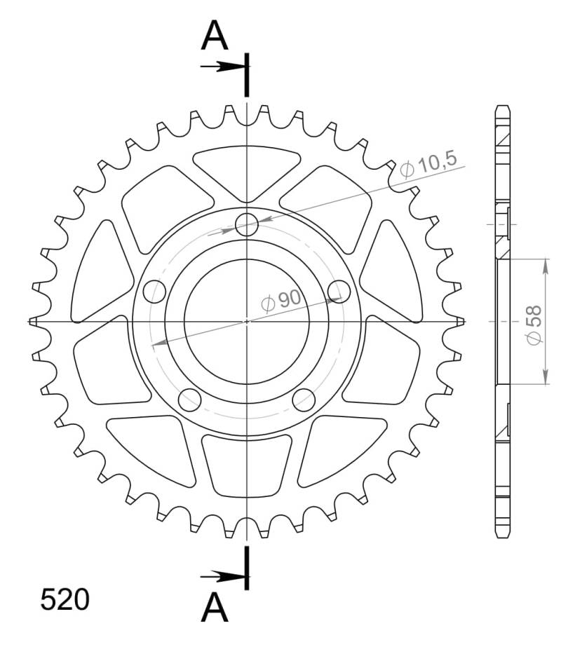 Kettenrad Supersprox 520 LK 90,0mm Ø 58mm 38Z 5-Loch Stahl schwarz von MXT