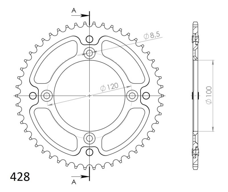 Kettenrad Supersprox Stealth 428 LK 120,0mm Ø 100mm 52Z 4-Loch Aluminium/Stahl gold von MXT