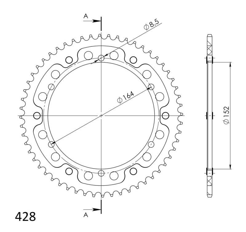 Kettenrad Supersprox Stealth 428 LK 164,0mm Ø 152mm 56Z 6-Loch Aluminium/Stahl silber von MXT