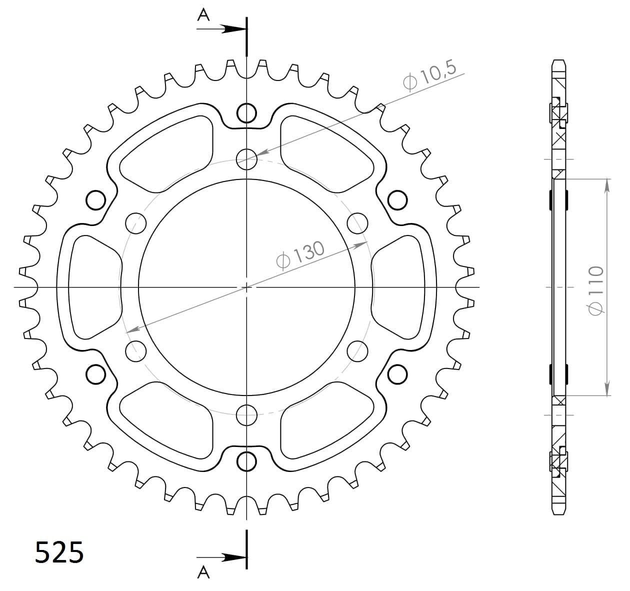 Kettenrad Supersprox Stealth 525 LK 130,0mm Ø 110mm 44Z 6-Loch Aluminium/Stahl rot von MXT