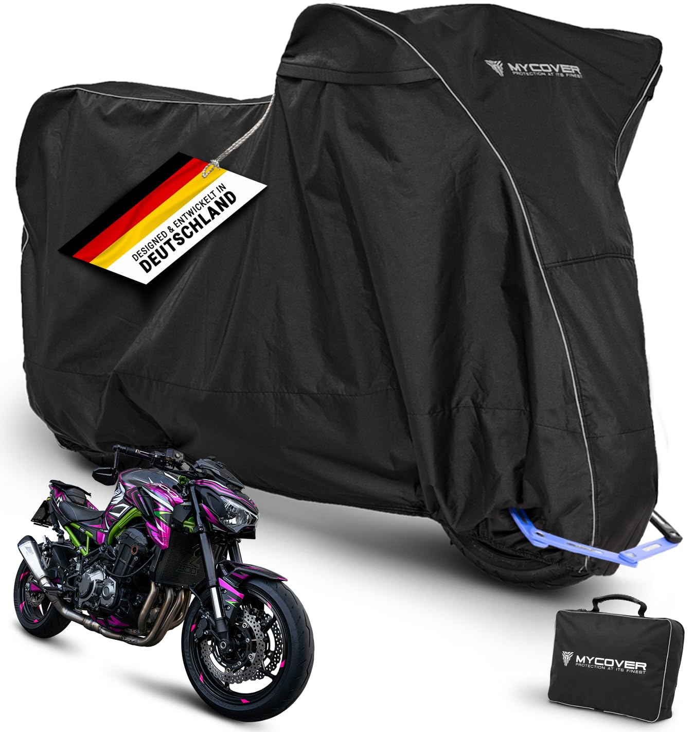 MYCOVER handgefertigte Motorrad Abdeckplane Motorradabdeckung Winterfest und wasserdicht - reißfeste Motorradplane -Outdoor & Indoor Motorcycle Cover -Größe L+ von MYCOVER