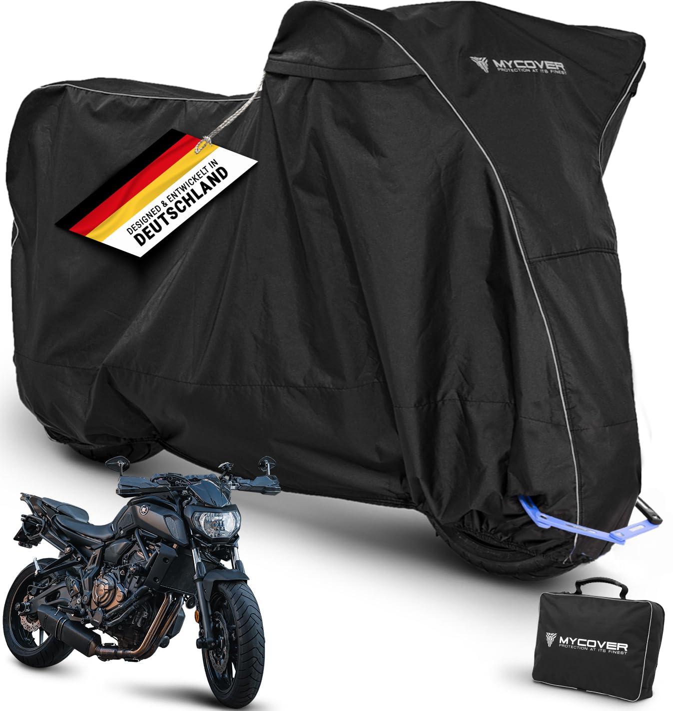 MYCOVER handgefertigte Motorrad Abdeckplane Motorradabdeckung Winterfest und wasserdicht - reißfeste & robuste Motorradplane -Outdoor & Indoor Motorcycle Cover - Größe M+ von MYCOVER