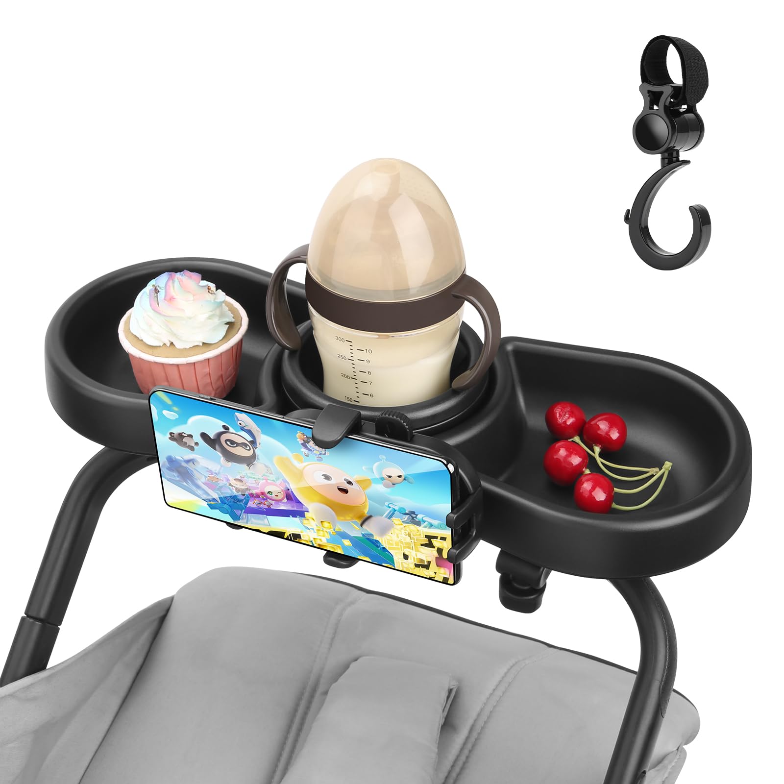 MYPIN Getränkehalter Kinderwagen Snack Tablett, 4 in 1 Universal Becherhalter Kinderwagen Snack Tablett mit Handyhalterung, Abnehmbare Kinderwagen-Zubehör, 360°Drehung für Baby Kleinkind, schwarz von MYPIN