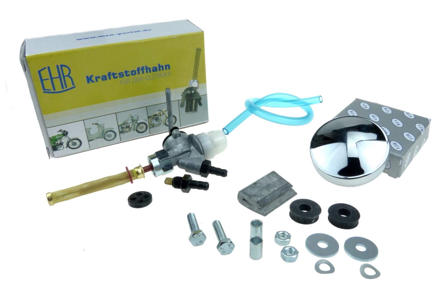 SET Zubehör, Anbauteile zum Kraftstofftank KR51 Schwalbe - Kraftstoffhahn, Tankdeckel, Benzinschlauch, Befestigungsteile, Kleinteile von MZA