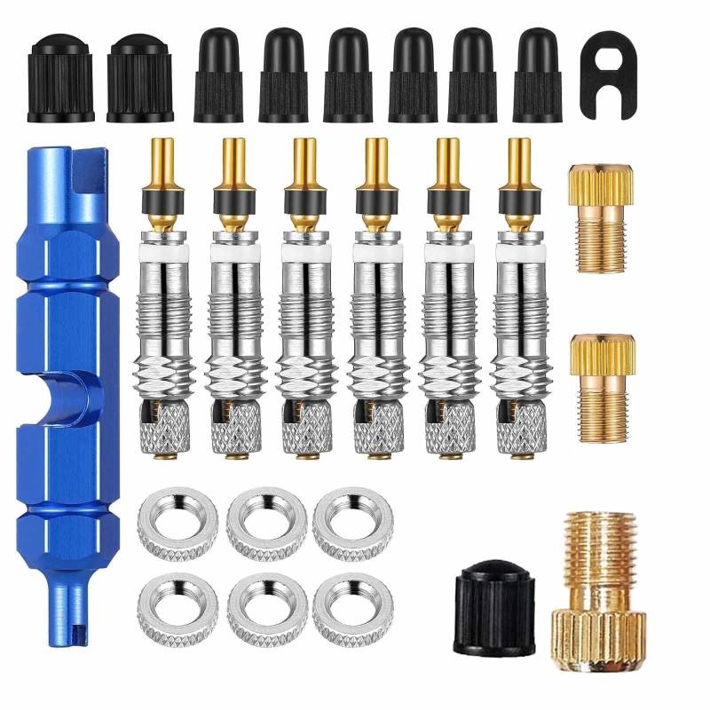 24 Stück Französisches Ventil, Fahrrad Ventil mit Ventilkappen,Französisches Ventil Adapter, Ventilschlüssel Fahrradpumpe Adapter Aufsatz Ventileinsatz Werkzeug Set von MZOYOURO