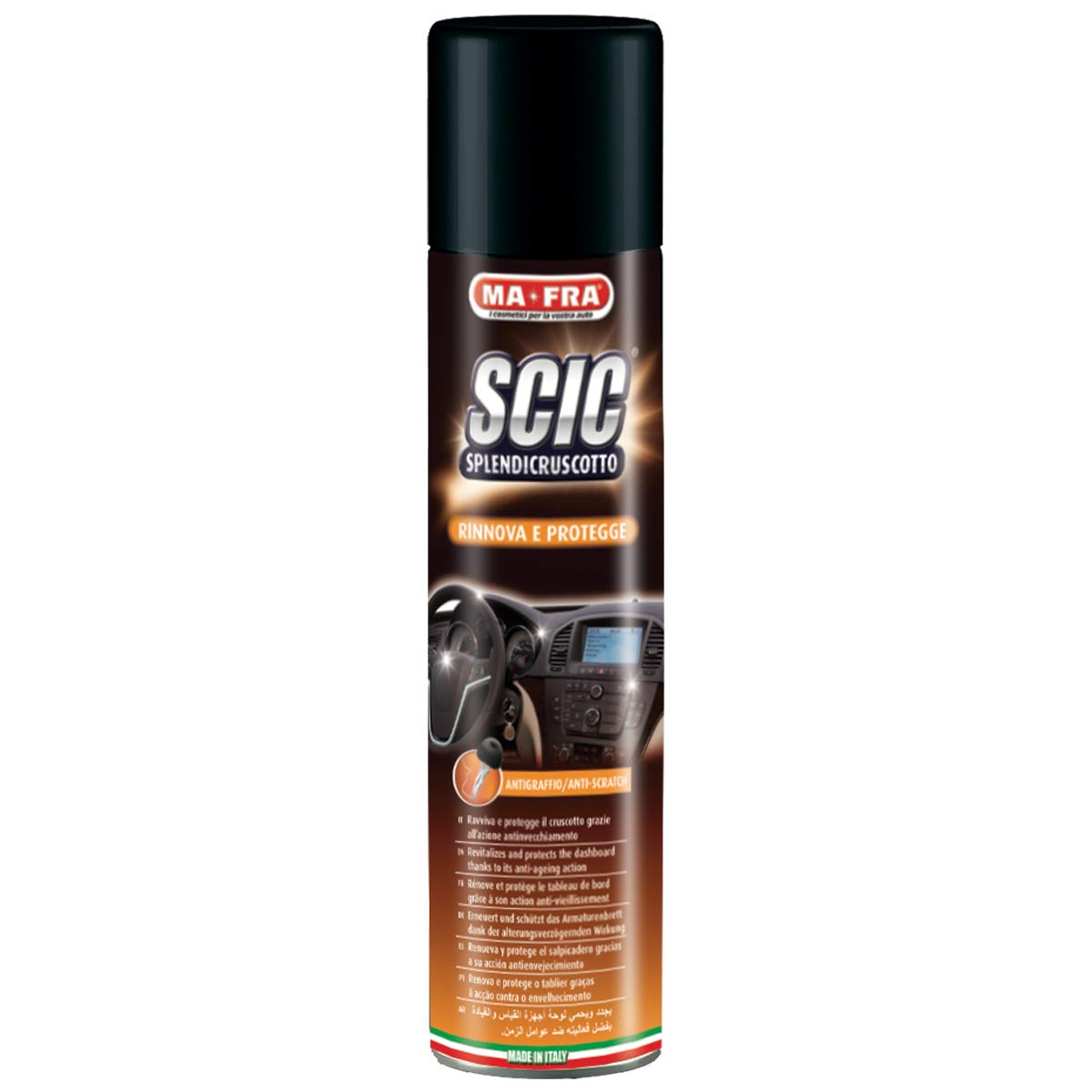 Mafra Scic Orange Splendi Armaturenbrett-Spray, erneuert und schützt Armaturenbrett-Kunststoffe, antistatische Wirkung, beugt Staubablagerungen und Rissen vor, mittlerer Glanzeffekt, 600ml Format von Mafra