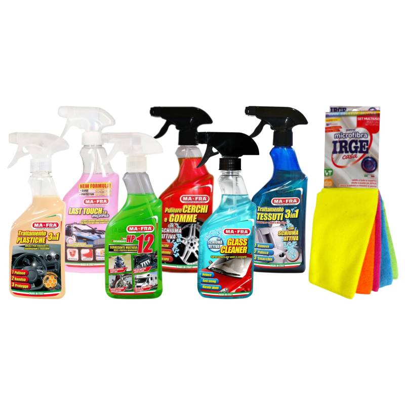 Ma-Fra Reinigungsset für Auto innen und außen 3IN1 PLASTICA-LAST TOUCH-HP 12 - Felgen & GOMME - GLASS CLEANER - Stoffbehandlung 3IN1 plus zwei Mikrofasertücher Multiuso 38 x 33 cm von Mafra