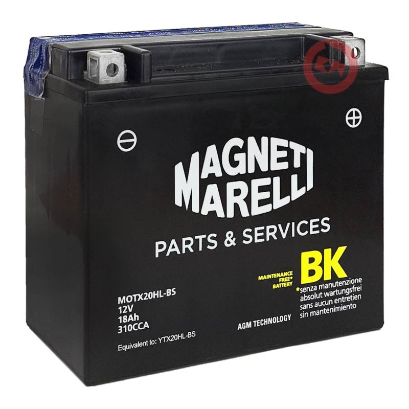 Magneti Marelli Batterie YTX20HL-BS AGM für Motorrad, 12 V, 18 Ah, wartungsfrei, komplett mit Aktivierungsflüssigkeit von Magneti Marelli