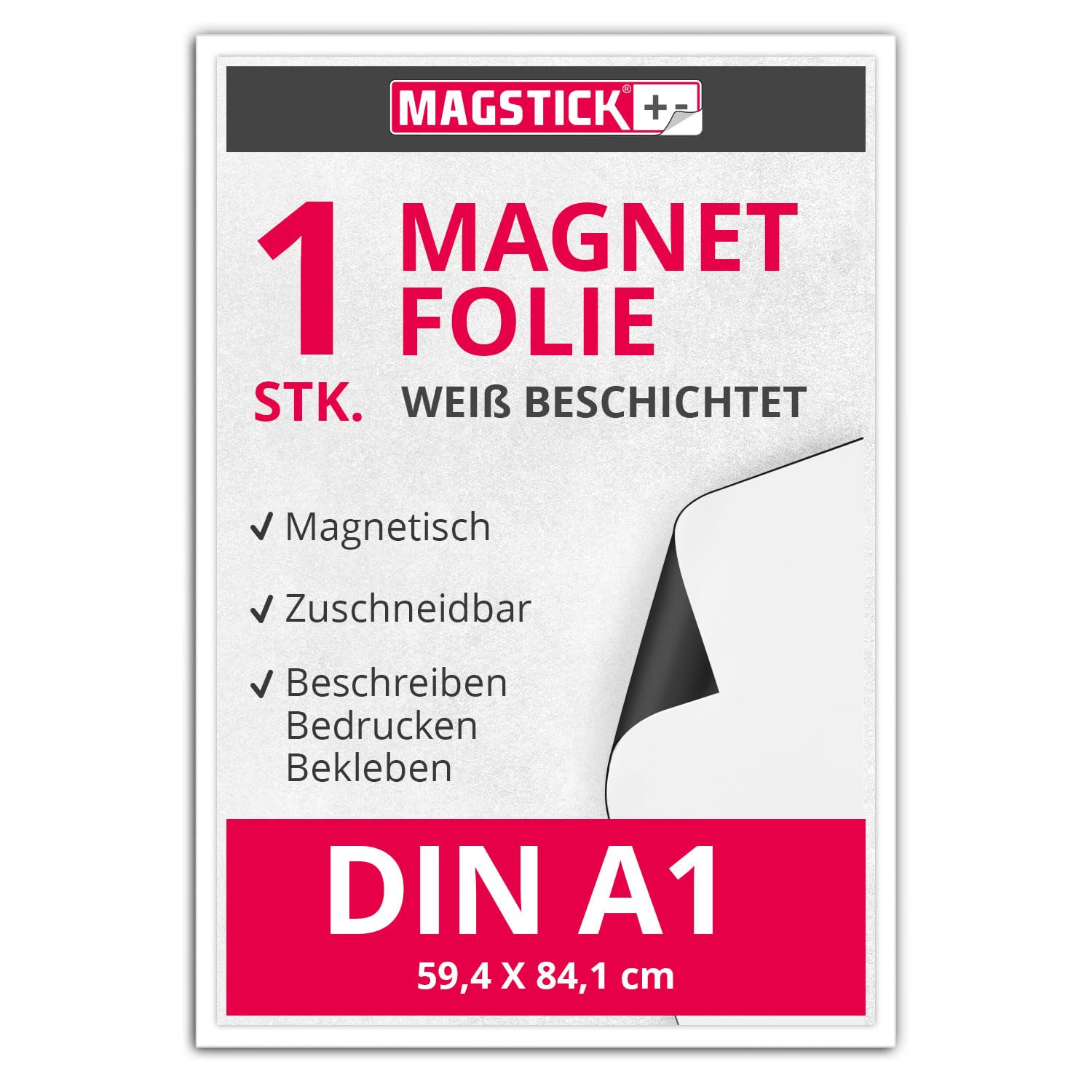 Magnet-Folie in DIN A1 I magnetisch, weiß beschichtet I beschreibbar bedruckbar I für Kfz Auto LKW I Lager-Schild I Tür-Schild I mag055 von Magstick