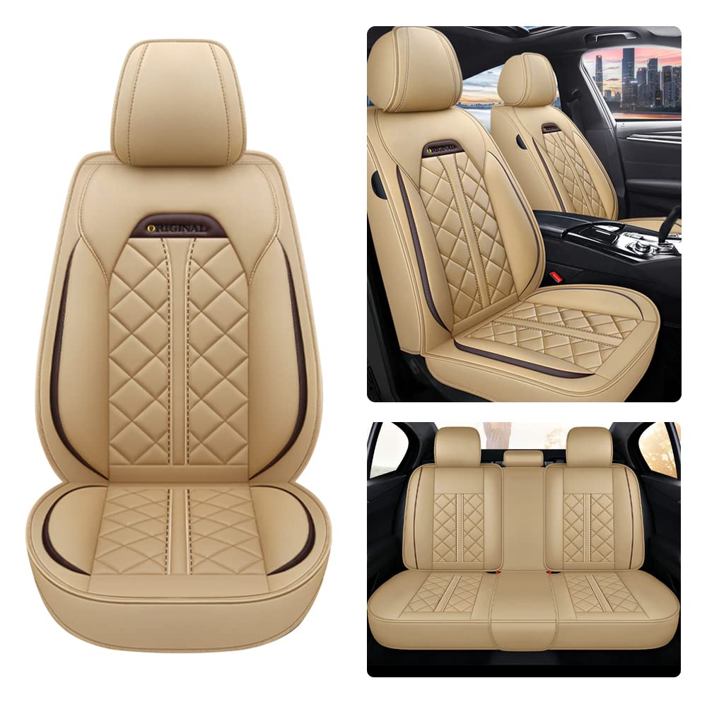 Maidoudou Autositzbezug für Hyundai i20, 5-Sitzer, Allwettergebrauch, Fahrzeug-Leder-Sitzbezug, Beige von Maidoudou