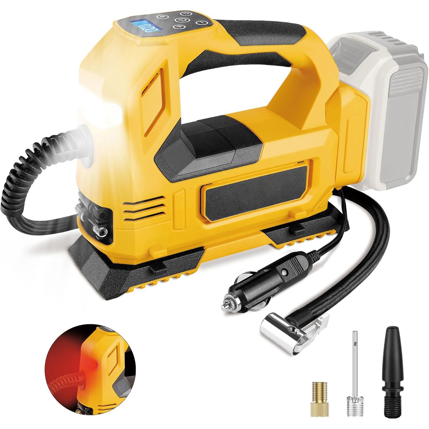 Akku-Kompressor für Dewalt 18V Akku (ohne Akku), Tragbare LED-Licht Handheld Luftpumpe mit digitalem Manometer, Elektrische Luftkompressor für Autos, Motorräder, Fahrräder, Sportbälle von Mainen