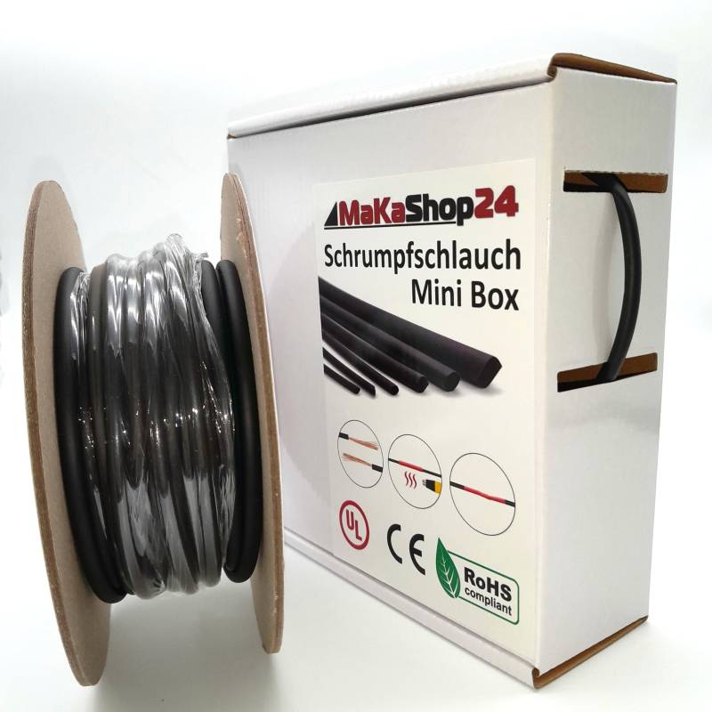 Makashop24 - Schrumpfschlauch Mini Box - 4:1 Mit Kleber - 10 Meter | Durchmesser: 12,0 mm - Schwarz - Wasserdicht für Kabelisolierung, Kennzeichnung und Reparaturen - Robust und hochwertig produziert von Makashop24