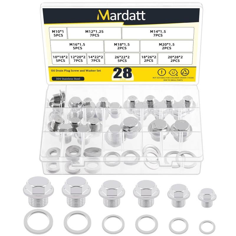 Mardatt 28 Sets Ölablassschraube Sortiment Kit, M10 M12 M14 M16 M18 M20 Stahl Ölablassschrauben mit Aluminium-Unterlegscheibe Dichtung, Motor Ölablassschraube Ersatz kompatibel mit Toyota, Ford von Mardatt