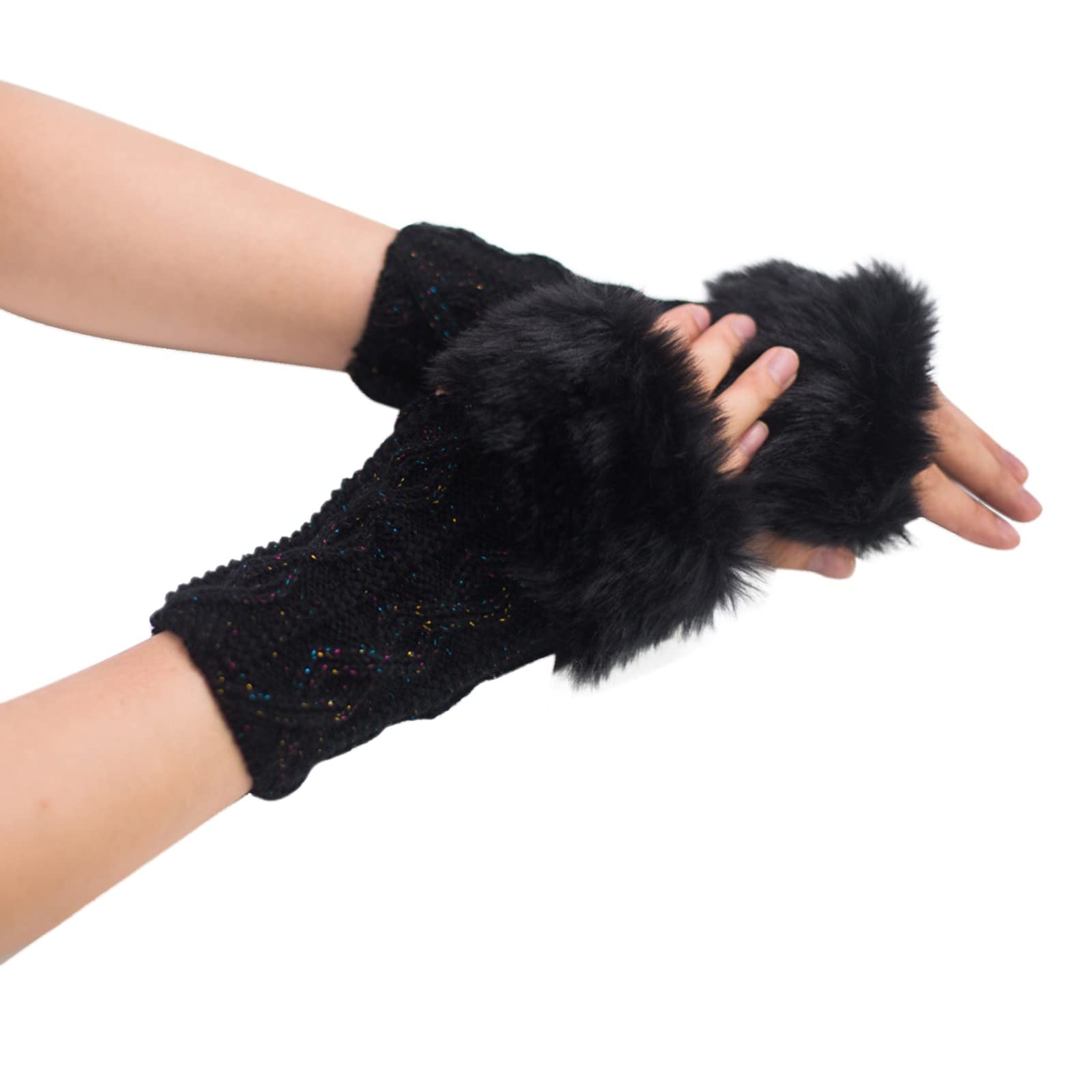 Mashaouyo Damen Diamant Wolle Offene Finger Handschuhe Kunstwolle Halbfinger Handschuhe Kurze Handschuhe Handschuhe Fäustlinge Herren Winter Warm (Schwarz, A) von Mashaouyo